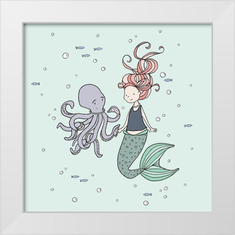 Mermaid And Octopus Buddies White Modern Wood Framed Art Print by Sweet Melody Designs