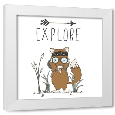 Fox Explore White Modern Wood Framed Art Print by Sweet Melody Designs