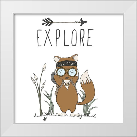 Fox Explore White Modern Wood Framed Art Print by Sweet Melody Designs