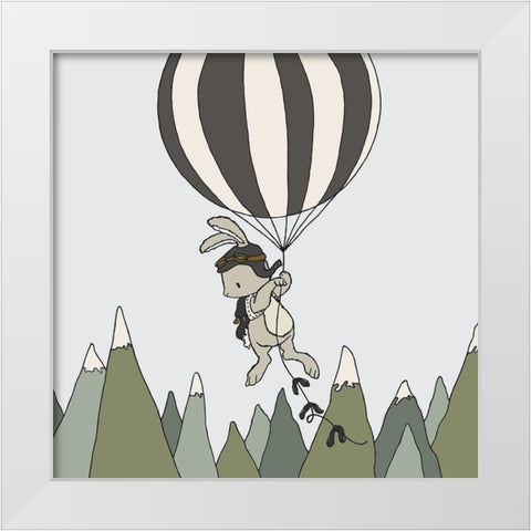 Bunny Balloon Adventure White Modern Wood Framed Art Print by Sweet Melody Designs