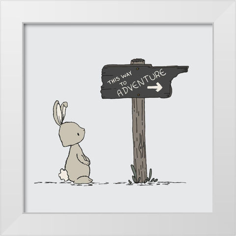 Bunny This Way To Adventure White Modern Wood Framed Art Print by Sweet Melody Designs