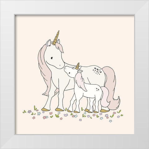 Unicorn Mama and Baby White Modern Wood Framed Art Print by Sweet Melody Designs