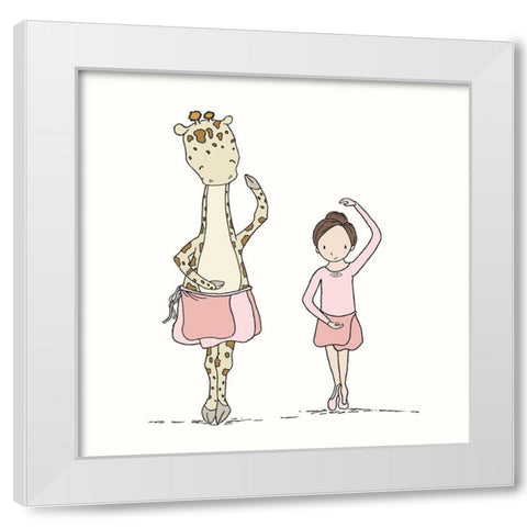 Girl and Giraffe Ballerina White Modern Wood Framed Art Print by Sweet Melody Designs