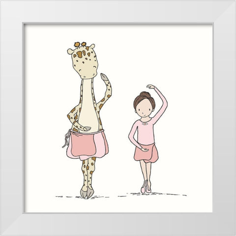 Girl and Giraffe Ballerina White Modern Wood Framed Art Print by Sweet Melody Designs