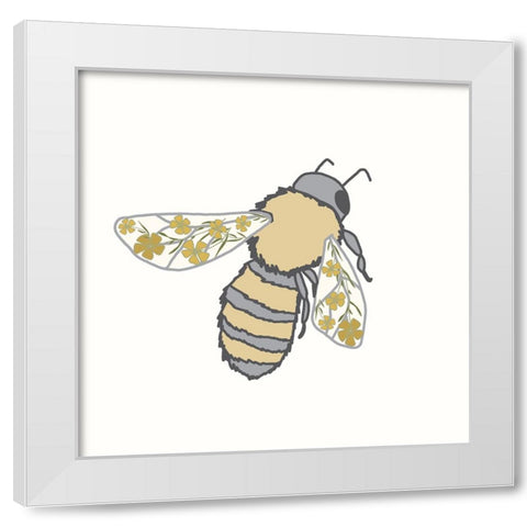 Honeybee Floral Wings White Modern Wood Framed Art Print by Sweet Melody Designs