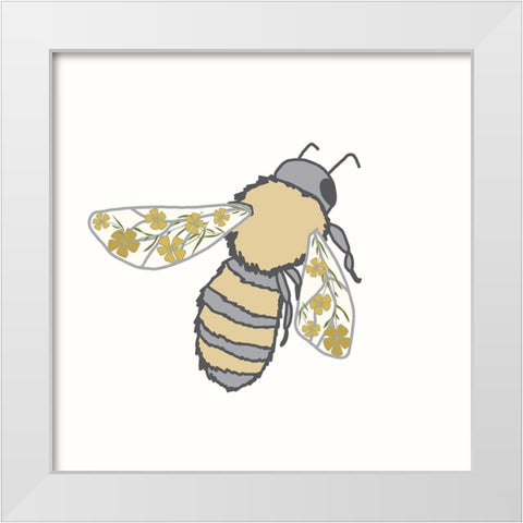 Honeybee Floral Wings White Modern Wood Framed Art Print by Sweet Melody Designs