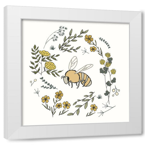 Honeybee Flowers White Modern Wood Framed Art Print by Sweet Melody Designs