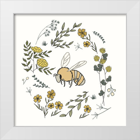 Honeybee Flowers White Modern Wood Framed Art Print by Sweet Melody Designs