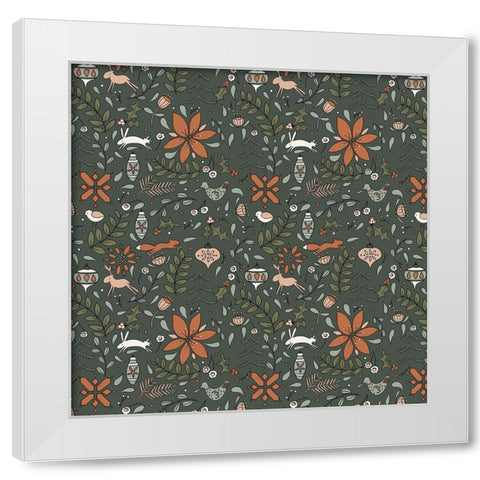 Festive Folk Pattern Deep Green White Modern Wood Framed Art Print by Sweet Melody Designs