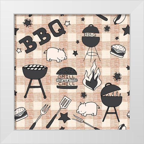 BBQ Checkered Pattern White Modern Wood Framed Art Print by Sweet Melody Designs