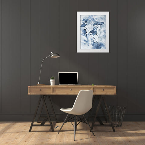 Indigo Splashed Ginkos 1 White Modern Wood Framed Art Print by Charest, Doris