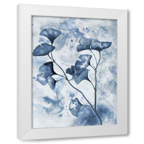 Indigo Splashed Ginkos 1 White Modern Wood Framed Art Print by Charest, Doris