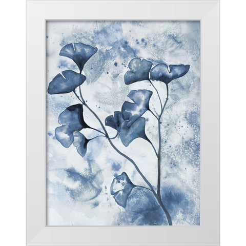 Indigo Splashed Ginkos 1 White Modern Wood Framed Art Print by Charest, Doris