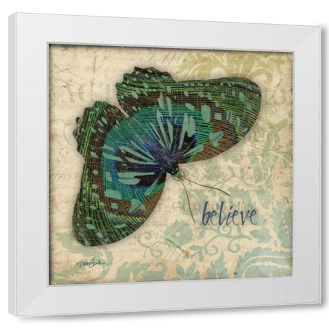 Peacock Bfly 2 White Modern Wood Framed Art Print by Stimson, Diane