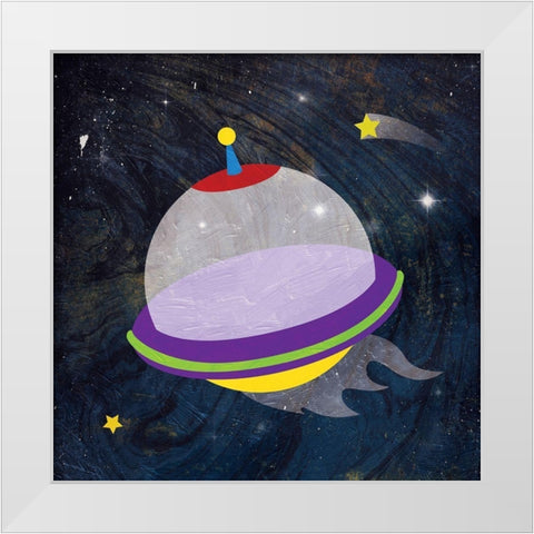 Galaxy Rockets Blue Stars White Modern Wood Framed Art Print by Grey, Jace