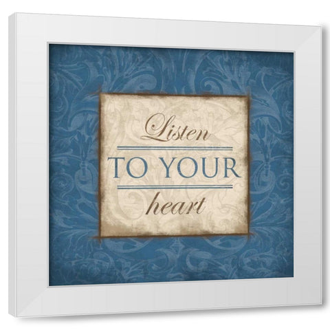 Listen to Your Heart Blue White Modern Wood Framed Art Print by Grey, Jace