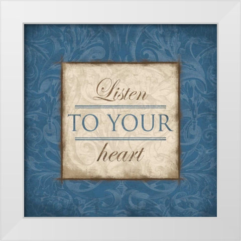 Listen to Your Heart Blue White Modern Wood Framed Art Print by Grey, Jace