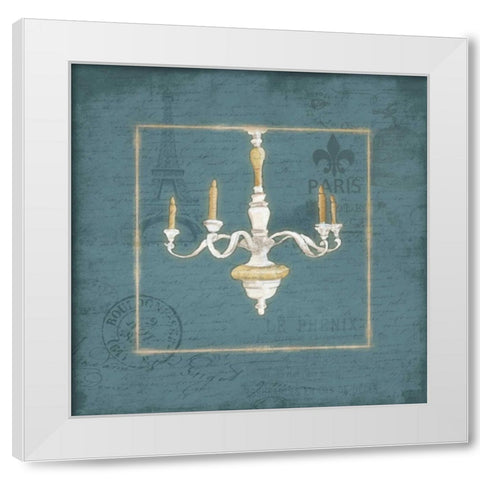 Blue chandelier White Modern Wood Framed Art Print by Grey, Jace
