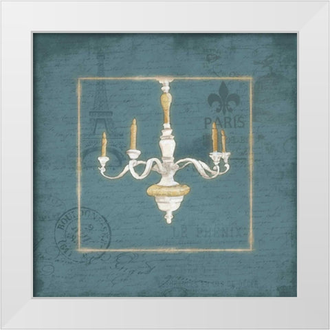Blue chandelier White Modern Wood Framed Art Print by Grey, Jace