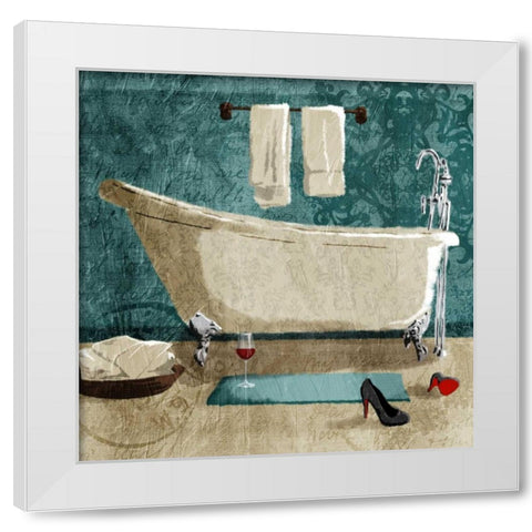 Teal Drink And Heals Bath White Modern Wood Framed Art Print by Grey, Jace