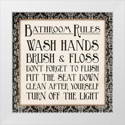 Black Gold Bath Rules White Modern Wood Framed Art Print by Grey, Jace