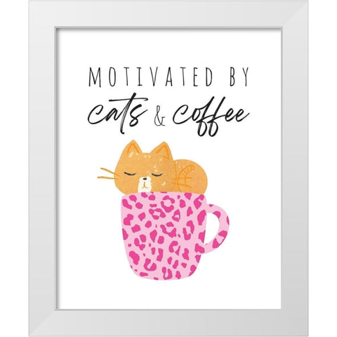 Motivated By Cats And Coffee 2 White Modern Wood Framed Art Print by McCully, Jennifer