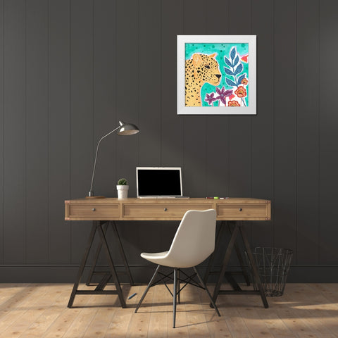 Teal Cheetah White Modern Wood Framed Art Print by McCully, Jennifer