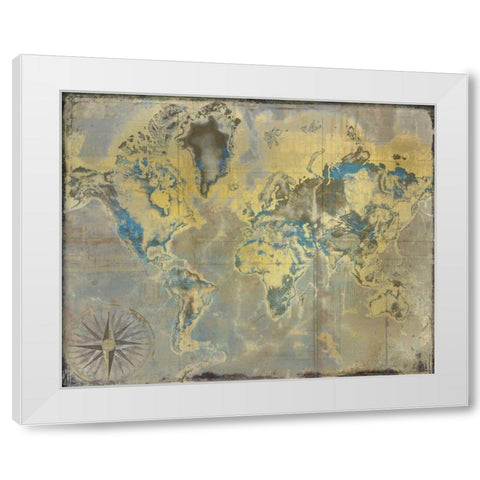 Golden Teal World Map White Modern Wood Framed Art Print by Allen, Kimberly