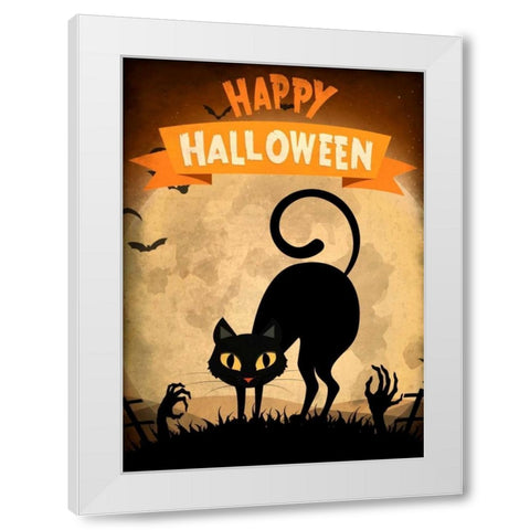 Happy Halloween Black Cat White Modern Wood Framed Art Print by Allen, Kimberly