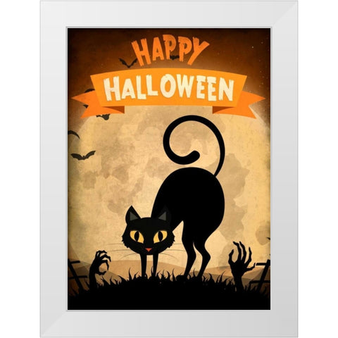 Happy Halloween Black Cat White Modern Wood Framed Art Print by Allen, Kimberly