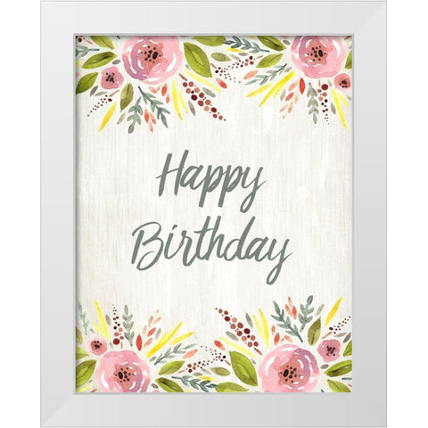 Happy Birthday Watercolor Floral White Modern Wood Framed Art Print by Kimberly, Allen