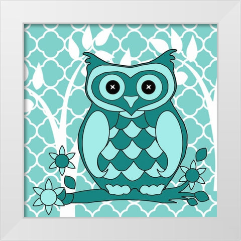 Teal Patterened Owl White Modern Wood Framed Art Print by Allen, Kimberly