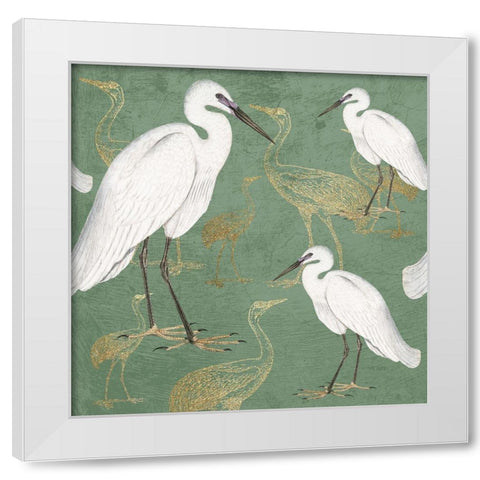 Sage and Gold Cranes White Modern Wood Framed Art Print by Kimberly, Allen