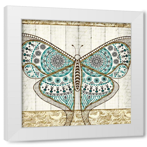 Damask Butterfly Teal 1 White Modern Wood Framed Art Print by Allen, Kimberly