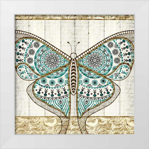 Damask Butterfly Teal 1 White Modern Wood Framed Art Print by Allen, Kimberly