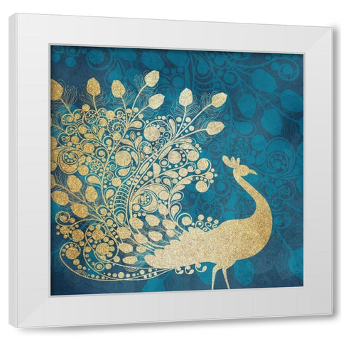 Golden Peacock White Modern Wood Framed Art Print by Kimberly, Allen