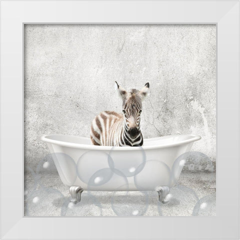 Baby Zebra Bath White Modern Wood Framed Art Print by Kimberly, Allen
