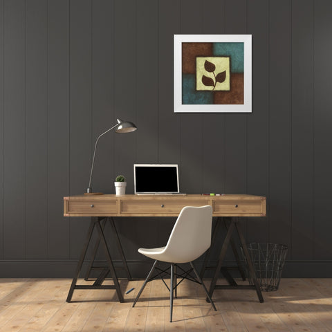 Blue Brown Green Leaves I White Modern Wood Framed Art Print by Emery, Kristin