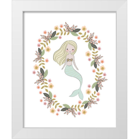 Mermaid And Florals White Modern Wood Framed Art Print by Straatsma, Leah