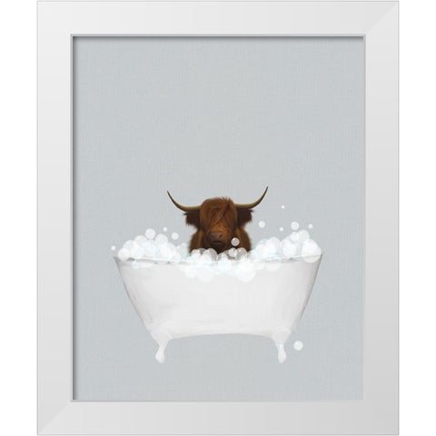 Highland Cow Blue Bath White Modern Wood Framed Art Print by Straatsma, Leah