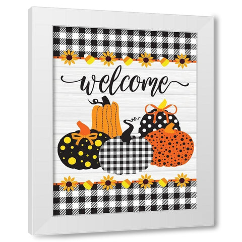 Welcome Pumpkins Buffalo Plaid 3 White Modern Wood Framed Art Print by Hogan, Melody
