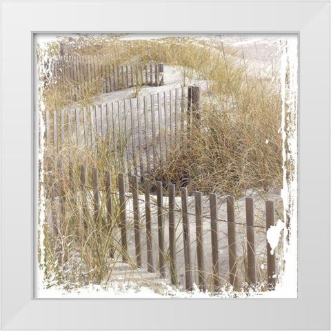 Fence By The Beach White Modern Wood Framed Art Print by Hogan, Melody