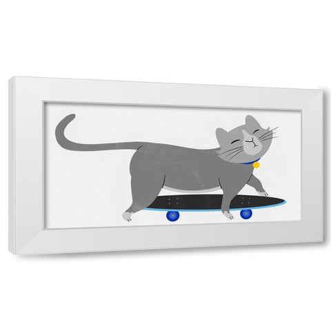 Skateboarding Cat White Modern Wood Framed Art Print by Prime, Marcus