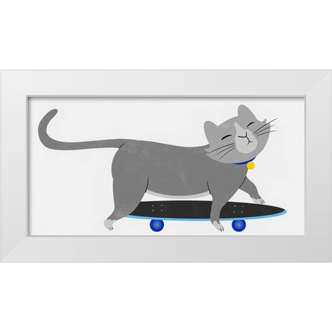 Skateboarding Cat White Modern Wood Framed Art Print by Prime, Marcus