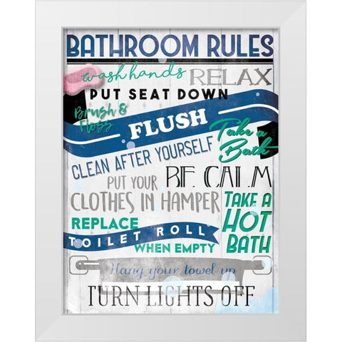 Bathroom Rules White Modern Wood Framed Art Print by Villa, Mlli