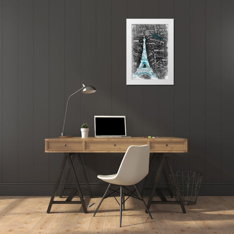 Eiffel Teal White Modern Wood Framed Art Print by OnRei