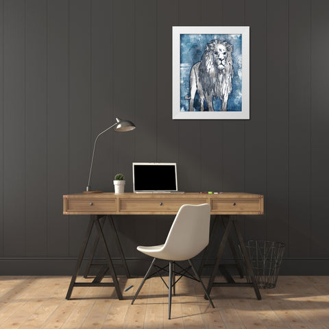 Grey Blue Lion White Modern Wood Framed Art Print by OnRei