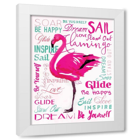 Wordy Flamingo White Modern Wood Framed Art Print by OnRei