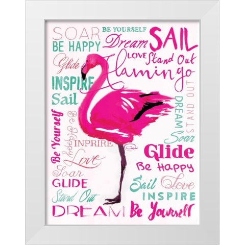 Wordy Flamingo White Modern Wood Framed Art Print by OnRei