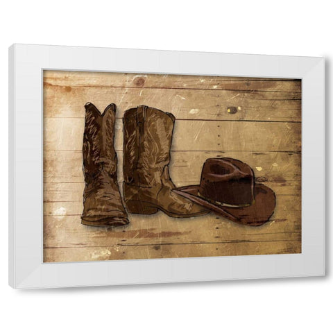 Sketched Hat And Boots White Modern Wood Framed Art Print by OnRei